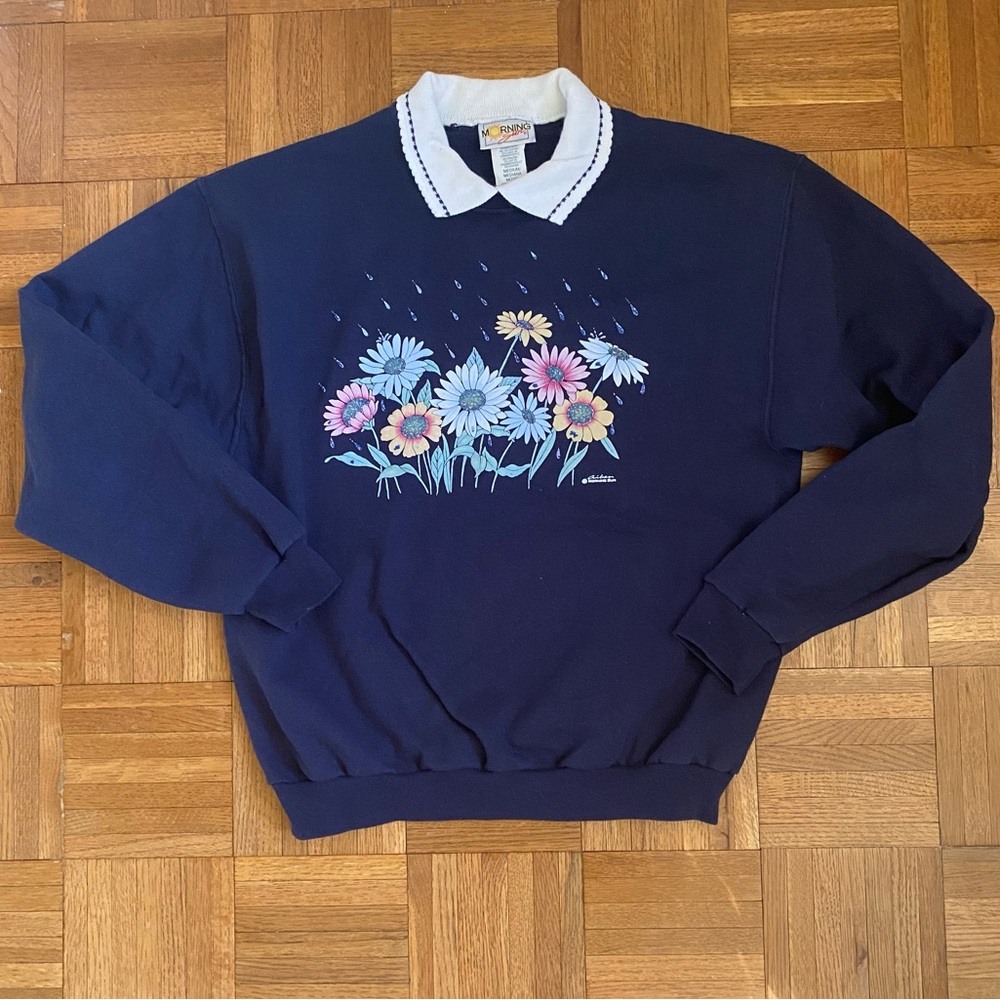 Vintage Collared Sweatshirt Embroidered Floral Navy Woman's Medium